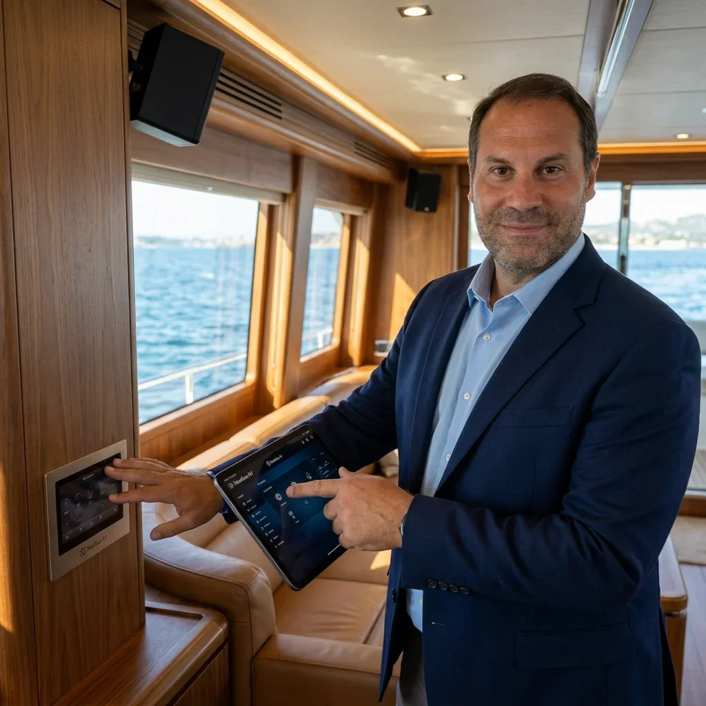 Luxury yacht deck during sunset, friends enjoying synchronized music and movies with hidden speakers and AV integration