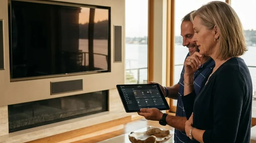 Modern luxury home living room featuring seamlessly integrated smart AV technology, family using central touchscreen